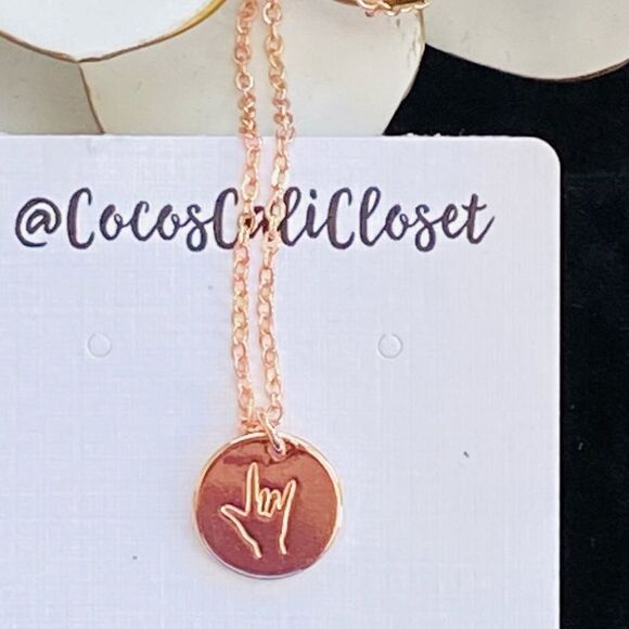 Delicate Rose Gold Tone American Sign Language ASL I Love You Necklace NWT - Picture 7 of 9
